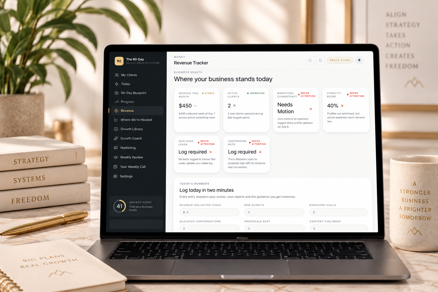 The revenue tracker and business health dashboard inside the Align system